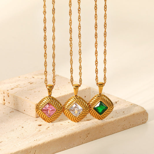 INS Style Stainless Steel Necklace with 18K Gold Plated Square Textured Button Pendant and White Pink or Green Cubic Zirconia for Women