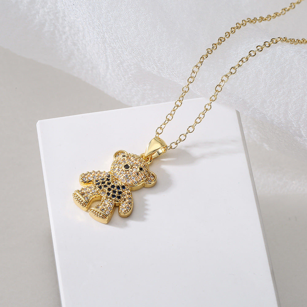 Graziosa Collana con Ciondolo Orsetto da Donna in Rame con Placcatura in Oro Vero e Zirconia Micro-Incastonata