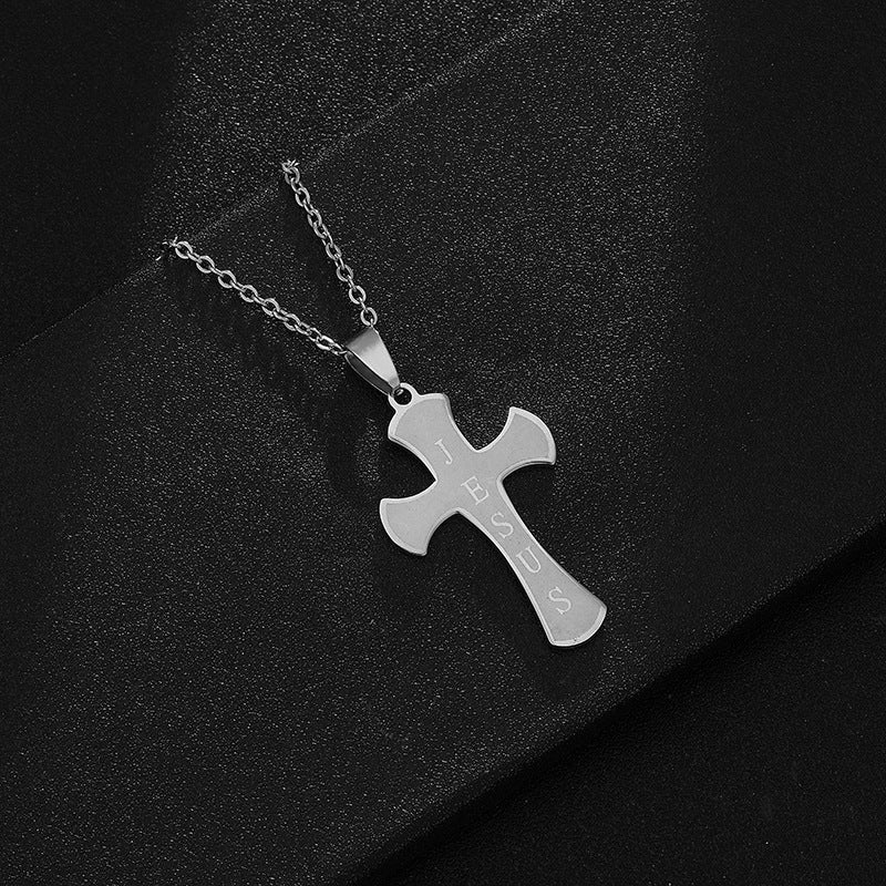 Fashion Cross Pendant Necklace in Titanium Steel with Polished Gold Plating on O-Chain for Unisex Wear