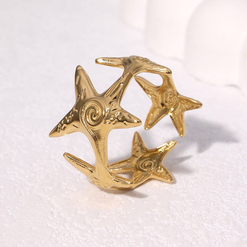Minimalist Star-Shaped Stainless Steel Ring with 18K Gold Plating Adjustable Open Band Women's Fashion Jewelry