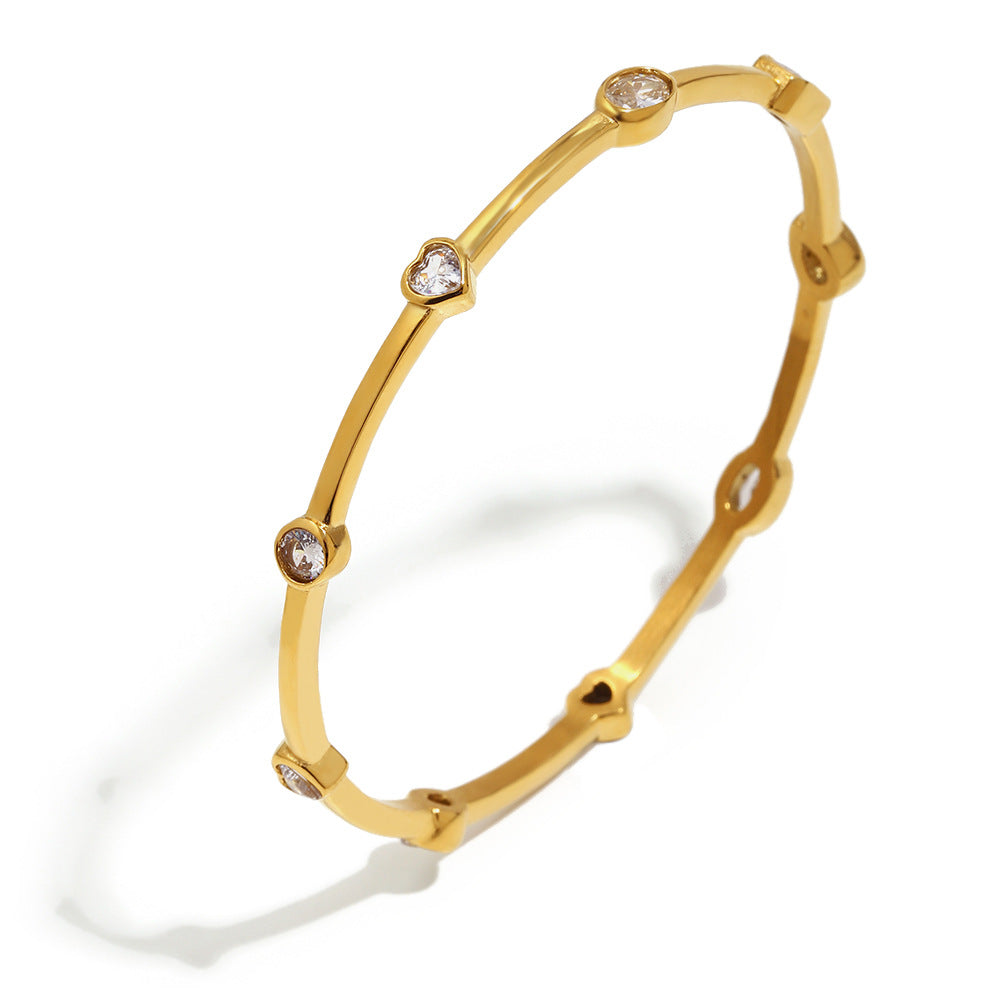 Elegant 18K Gold Plated Stainless Steel Heart Geometric Cubic Zirconia Line Bracelet for Women