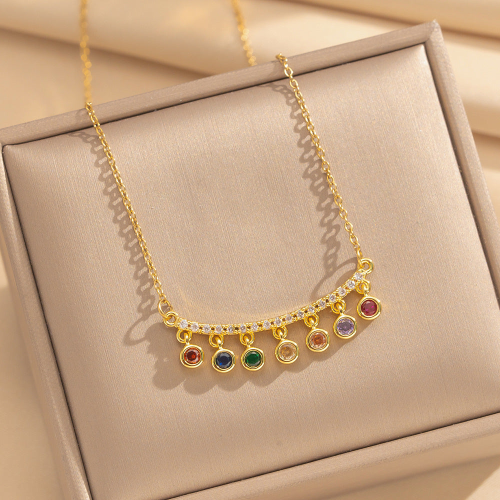 Minimalist Light Luxury Round Rainbow Zircon Geometric Pendant 18K Gold Plated Copper and Titanium Steel O Chain Necklace for Women
