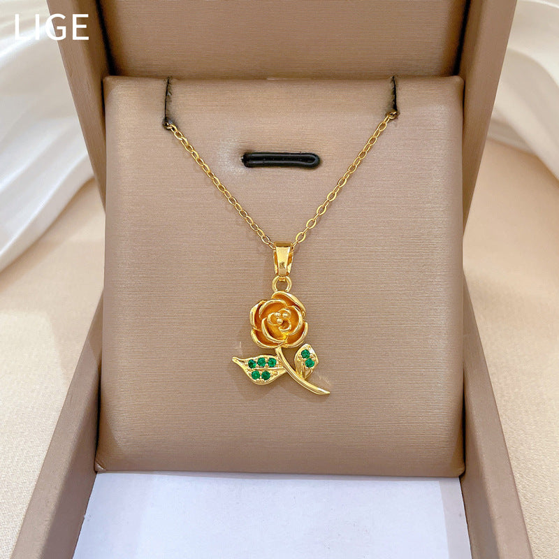 Collana da donna minimalista con foglie e rosa in zirconi, catena delicata in acciaio inossidabile con motivo botanico naturale