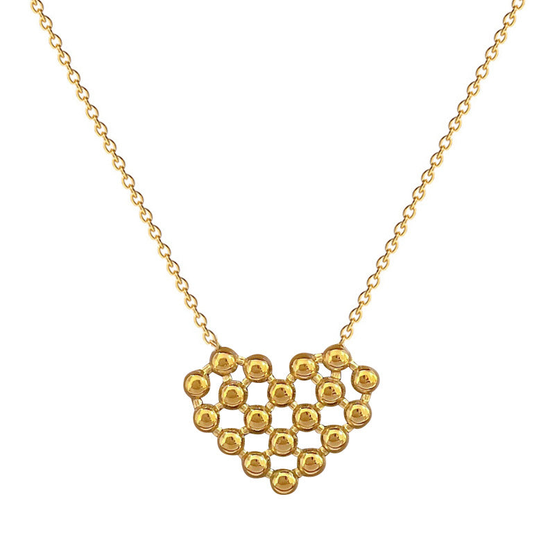 Minimalist Titanium Steel Hollow-Out Round Bead Heart Pendant Necklace for Women with Gold Plating and Geometric Design for Clavicle Styling