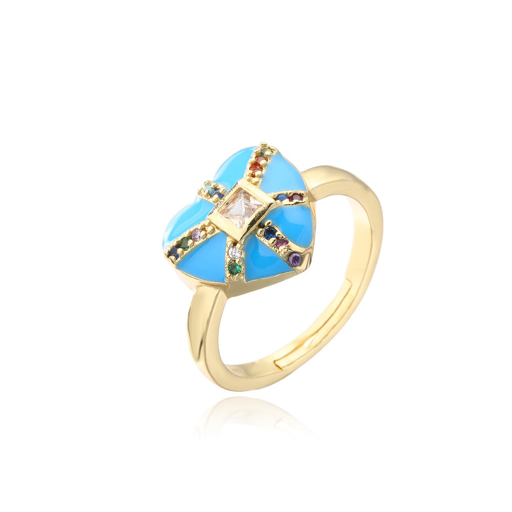 18K Gold Plated Brass Micro-inlay Cubic Zirconia Drip Oil Heart Ring for Women