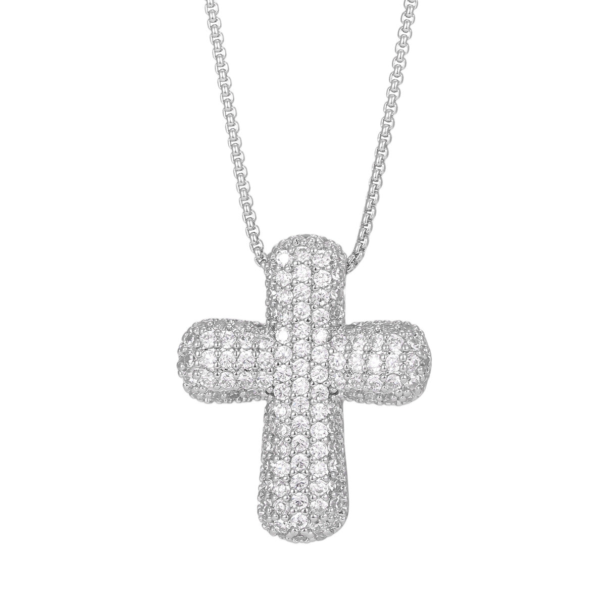 Elegante Ciondolo a Croce in Ottone con Zirconi Incastonati, Collana con Catena a Scatola Unisex