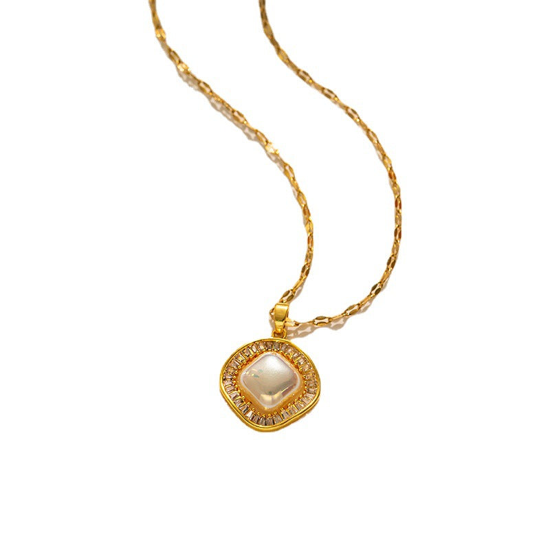 Collana Quadrata da Donna in Acciaio al Titanio Placcato Oro 18K con Zirconi Colorati, Stile Lusso Leggero
