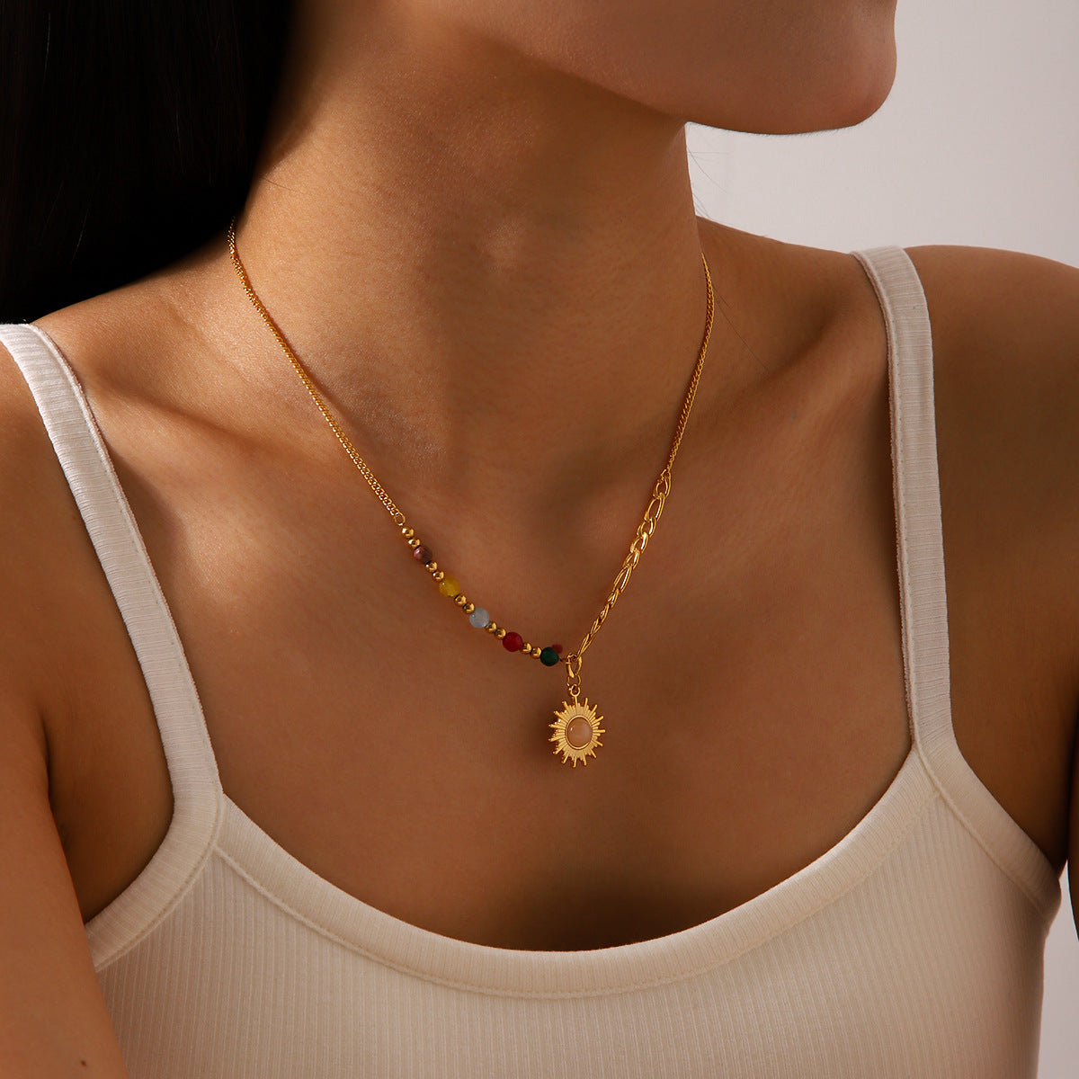 Collana con Pendente Geometrico in Acciaio Inossidabile Placcato Oro 18K con Pietra Occhio di Gatto Solare, Stile Francese Vintage, da Donna
