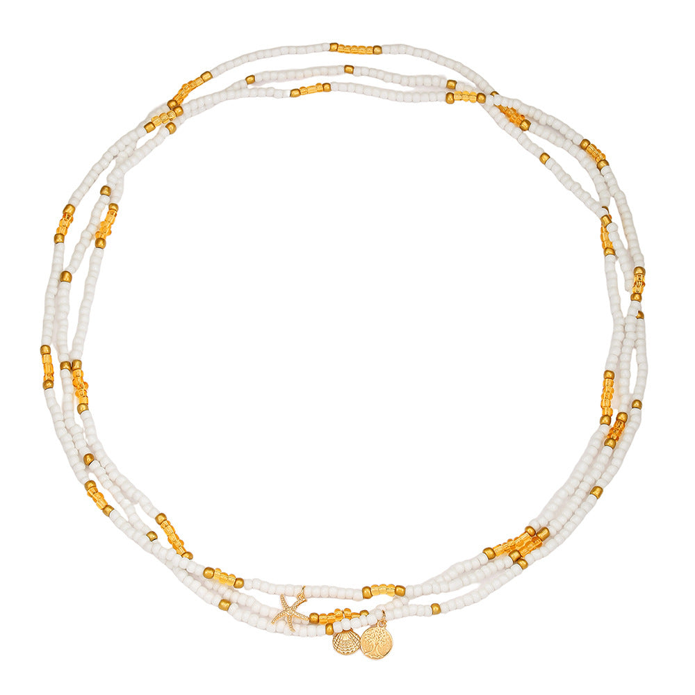 Bohemian Ethnic Geometric Seed Beads Waist Chain with White Crystal Inlay Double Layer Elastic