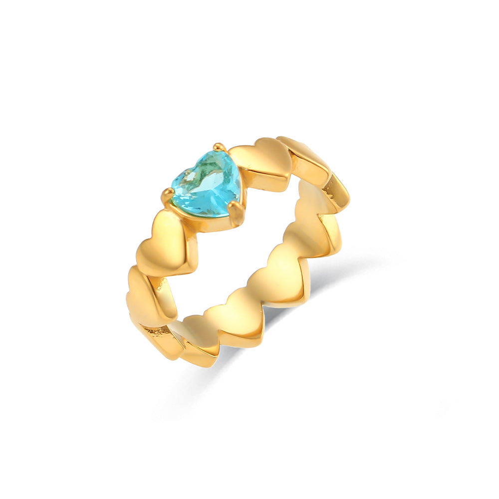 Minimalist Geometric Heart-Shaped Zirconia Ring in Stainless Steel with 18K Gold Plating for Women