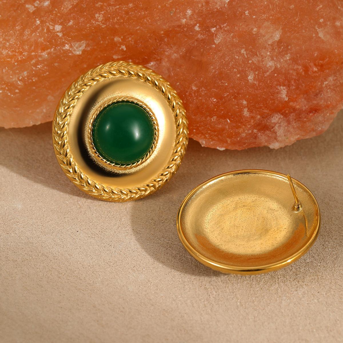 Pendientes Minimalistas Geométricos de Acero Inoxidable con Discos de Ágata Verde Pulida, Estilo Gancho Francés, Joyería de Lujo de Moda para Mujer