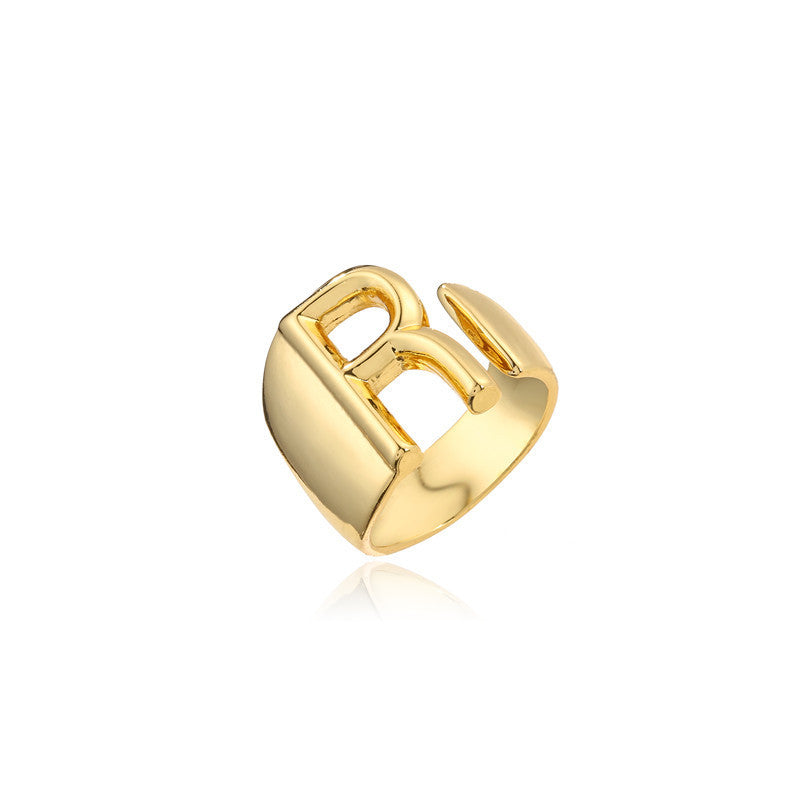 Copper Plated 18K Gold Letter Ring for Women, Adjustable Open Ring, Minimalist Fashion Casual Style, English Letter Design, Trendy Jewelry