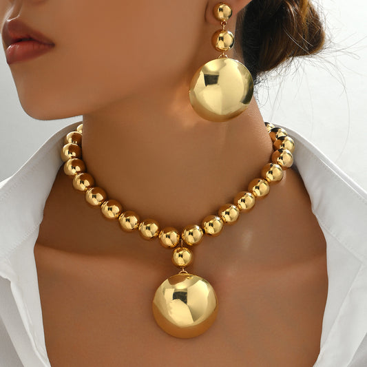 Geometric Fashion Necklace and Earrings Set for Women Alloy Beaded Chain with Plated Finish