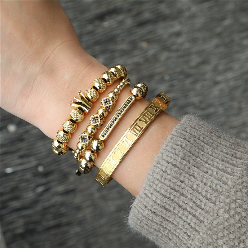 Geometric Crown-Shaped Titanium Steel Bracelet Set with Rhinestone Inlay and Plated Finish for Men and Women