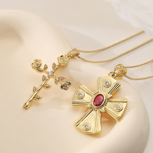 Vintage Minimalist Gold Plated Brass Cross Pendant Necklace with Cubic Zirconia for Women