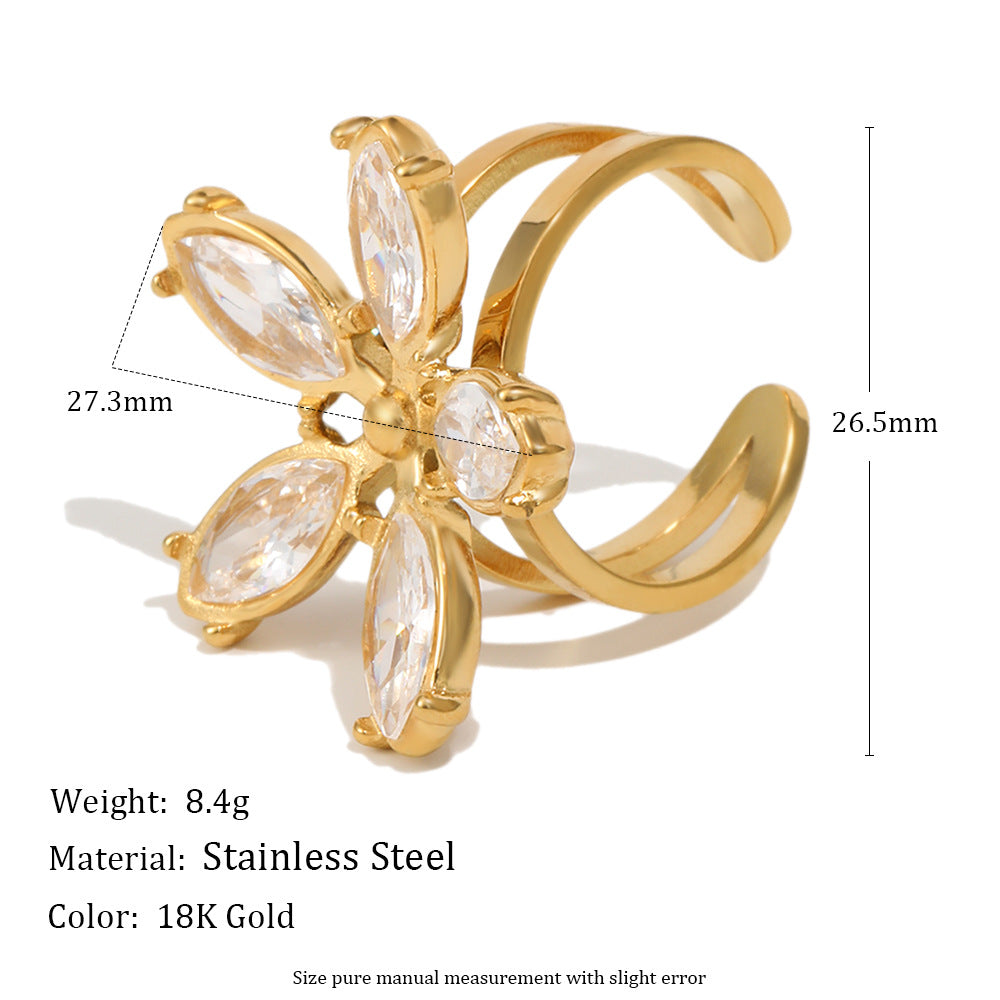 Minimalist Elegant 18K Gold Plated Stainless Steel Floral Cubic Zirconia Open Ring for Women