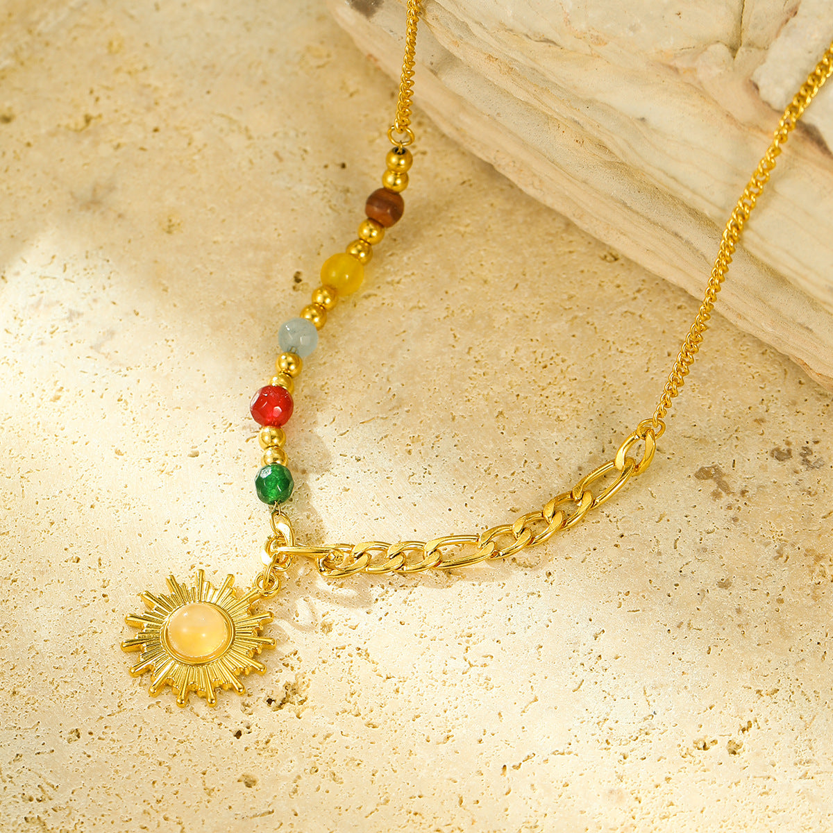 Collana Pendente Retrò Francese a Forma di Sole da Donna in Acciaio Inossidabile Placcato Oro, Gioielli con Catena a Medaglione Minimalista