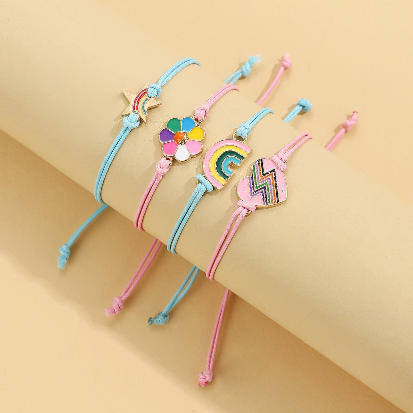 Sweet Heart Star Butterfly Floral Alloy Bracelet Unisex Handmade Woven Cord