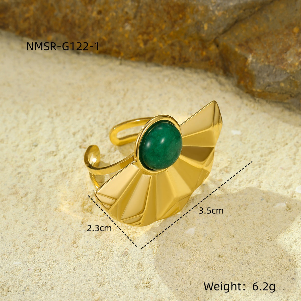 Anello vintage da donna in acciaio inossidabile placcato oro 18 carati con design geometrico a ventaglio e intarsio in pietra naturale