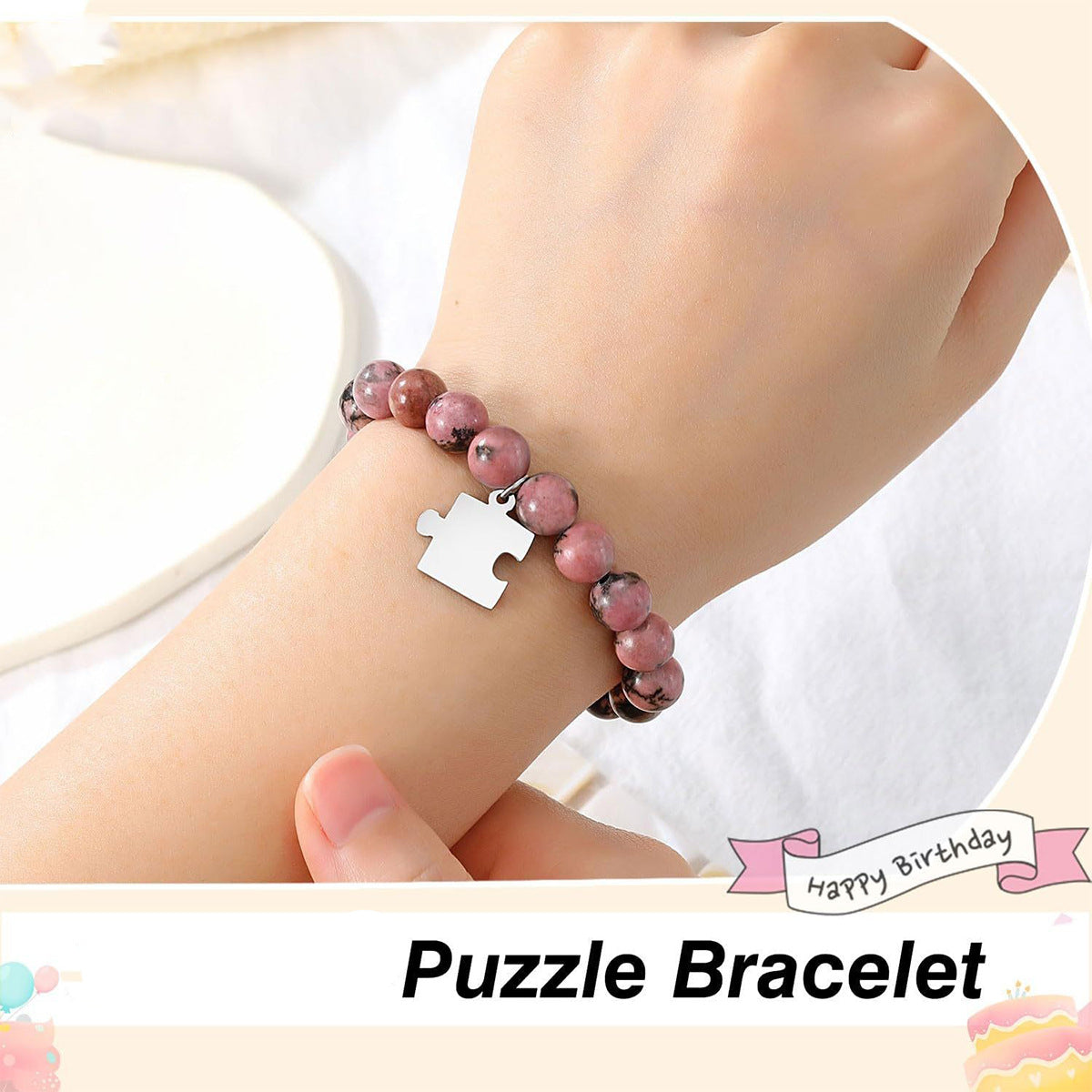 Pink Zebra Print Stainless Steel Puzzle Charm Bracelet with Black Thread and Red Pattern Beads Handmade Unisex Gift