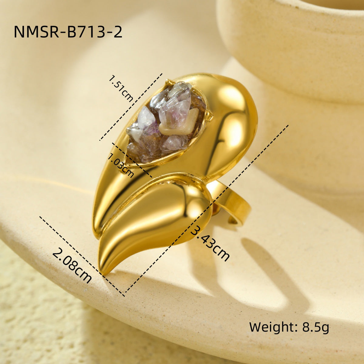 Vintage Oversized Stainless Steel Double-Layer Water-Drop Shaped Ring with Natural Stone Inlay and Plated Finish for Women