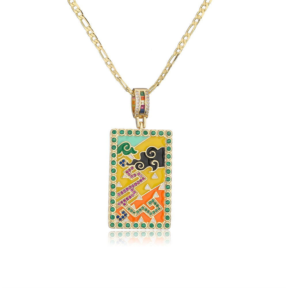 Collana con Ciondolo Vintage Minimalista Geometrico Smaltato Zircone Nuvola Pittura ad Olio Rame Placcato Oro 18K
