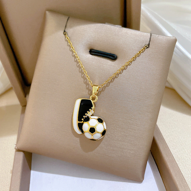 Sweet Sporty Geometric Drip Oil Rhinestone Soccer Shoe Pendant Necklace Titanium Steel Cable Chain