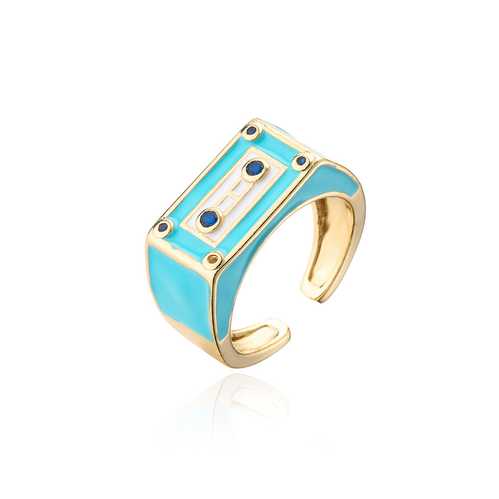 Anello aperto regolabile a forma di robot in stile punk in rame con micro incastonatura a pavé