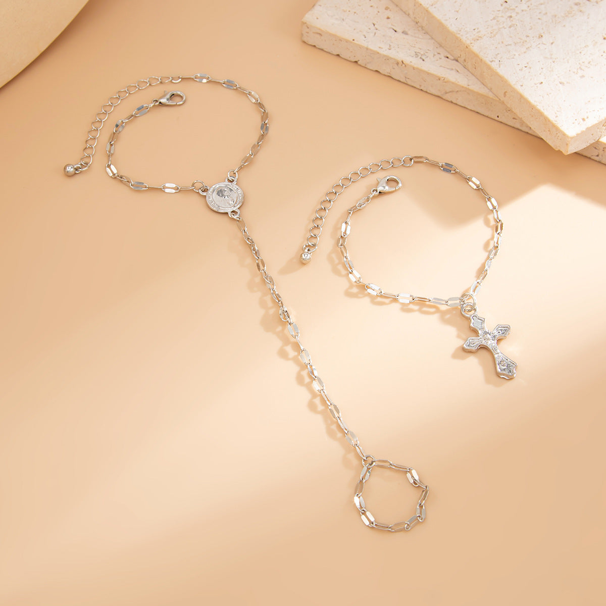 Minimalist Alloy Plated Cross Geometric Chain Finger Bracelet for Women