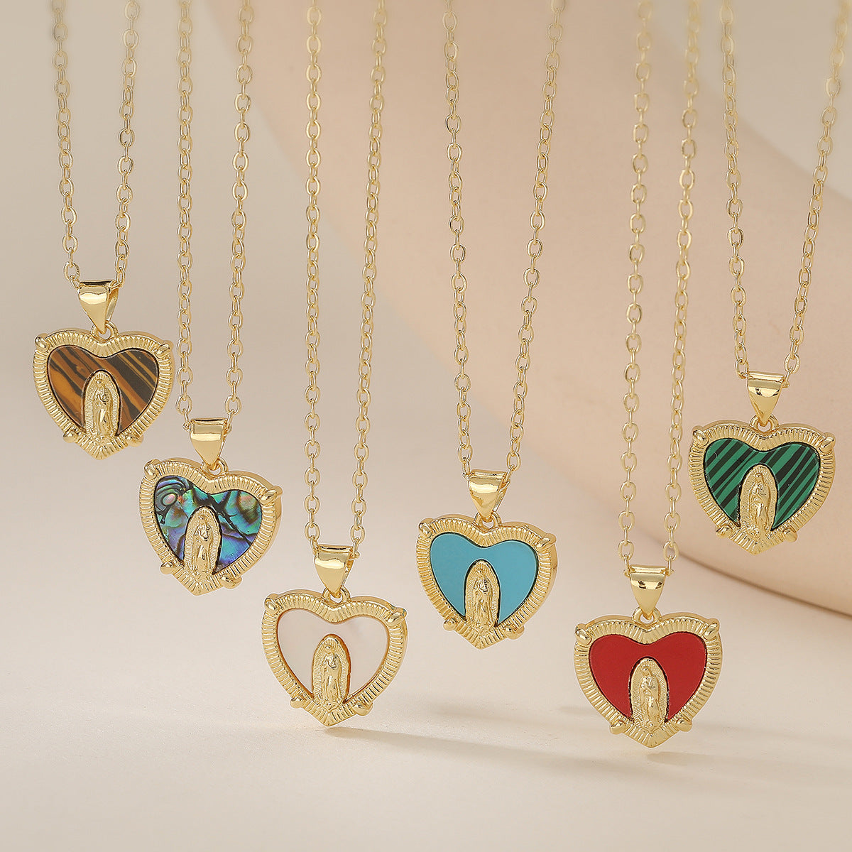 Minimalist Gold Plated Brass Heart Virgin Mary Pendant Necklace for Women