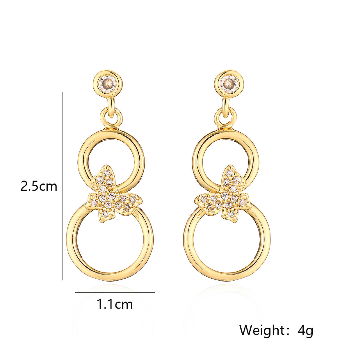 Orecchini da donna geometrici a forma di farfalla stile vintage in rame placcati oro 18 carati con intarsio di zirconi