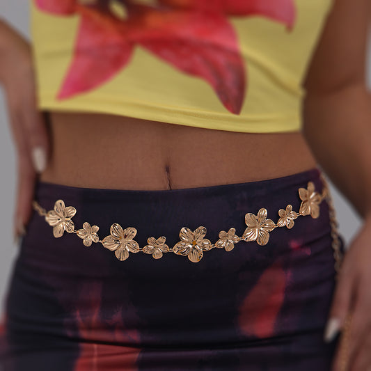 Vintage Floral Body Chain for Women with 3D Flower Pendant and Irregular Ocean-Inspired Waist Chain Design in Iron