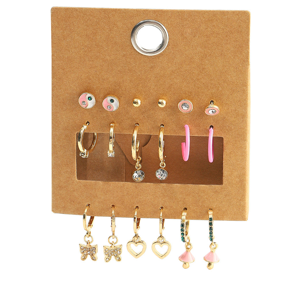 Sweet Geometric Heart Butterfly Alloy Stud Earrings with Rhinestone Pearl and Drip Oil