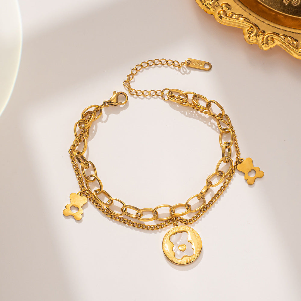 Bracciale a doppio strato in acciaio al titanio placcato oro rosa con ciondoli a cuore e orsetto, gioielli alla moda e casual da donna