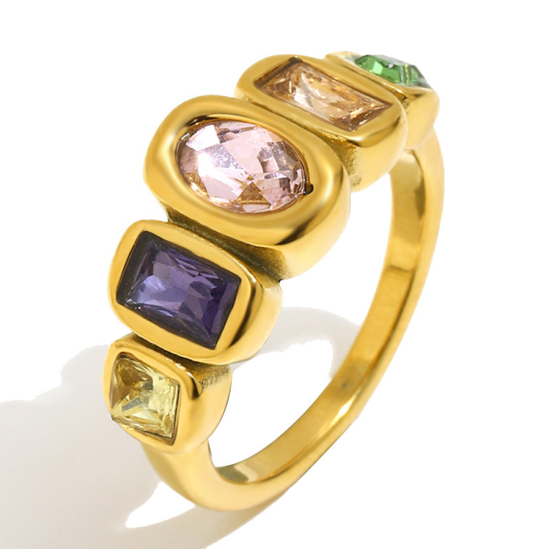 Anello in acciaio inossidabile placcato oro con strass floreali a goccia, geometrico, lussuoso ed elegante