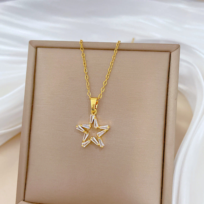 Minimalist Luxe Hollow Five-Point Star Pendant Necklace for Women Stainless Steel Chain with Rhinestone Accents