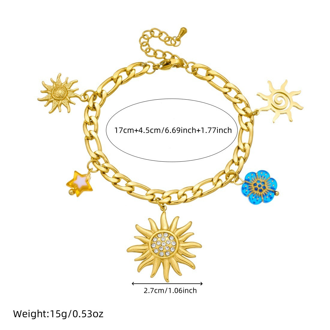 Vintage Elegant Gold Plated Rhinestone Inlaid Stainless Steel and Acrylic Sunflower Pendant Necklace and Bracelet Set for Women