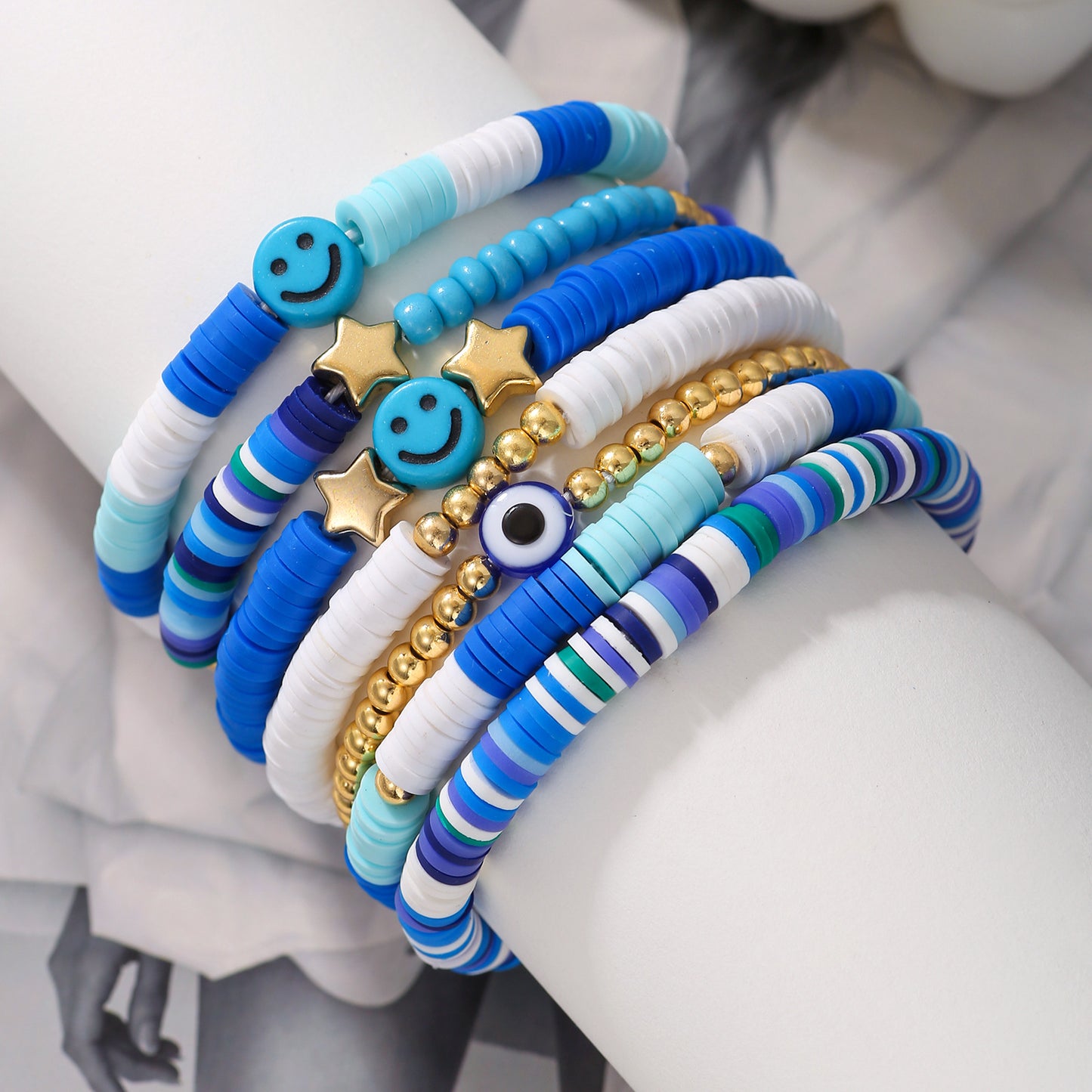 Bohemian Handmade Geometric Heart and Letter Resin Bead Bracelet Set with Stainless Steel and Brass Accents for Unisex