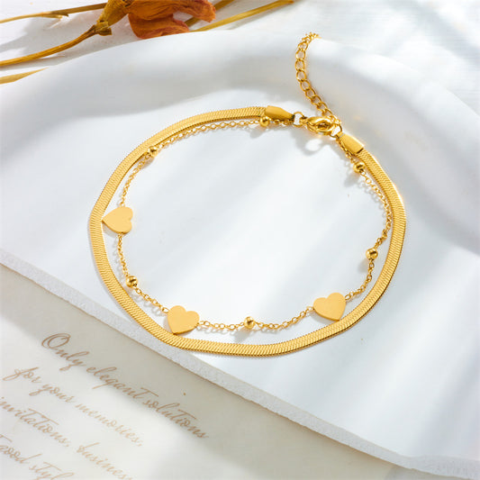 Tobillera de Acero de Titanio Chapado en Oro con Forma de Corazón a la Moda para Mujer con Diseño de Doble Capa