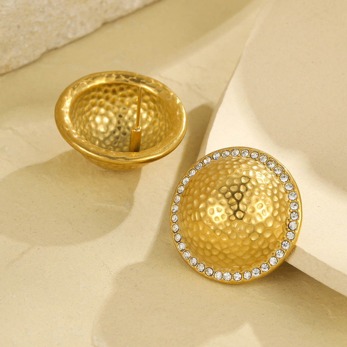 Vintage-Style Geometric Disc Earrings in 18K Gold-Plated Stainless Steel with Rhinestone Inlay for Women
