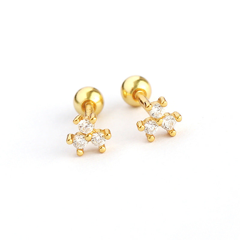 Orecchini a perno in argento sterling S925 a forma floreale minimalista con intarsio in strass e mini chiusure a vite