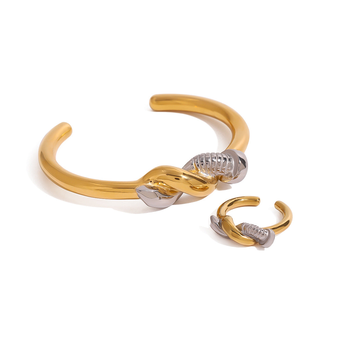 Pulsera de puño de uña de acero inoxidable bañada en oro de 18K de dos tonos de moda