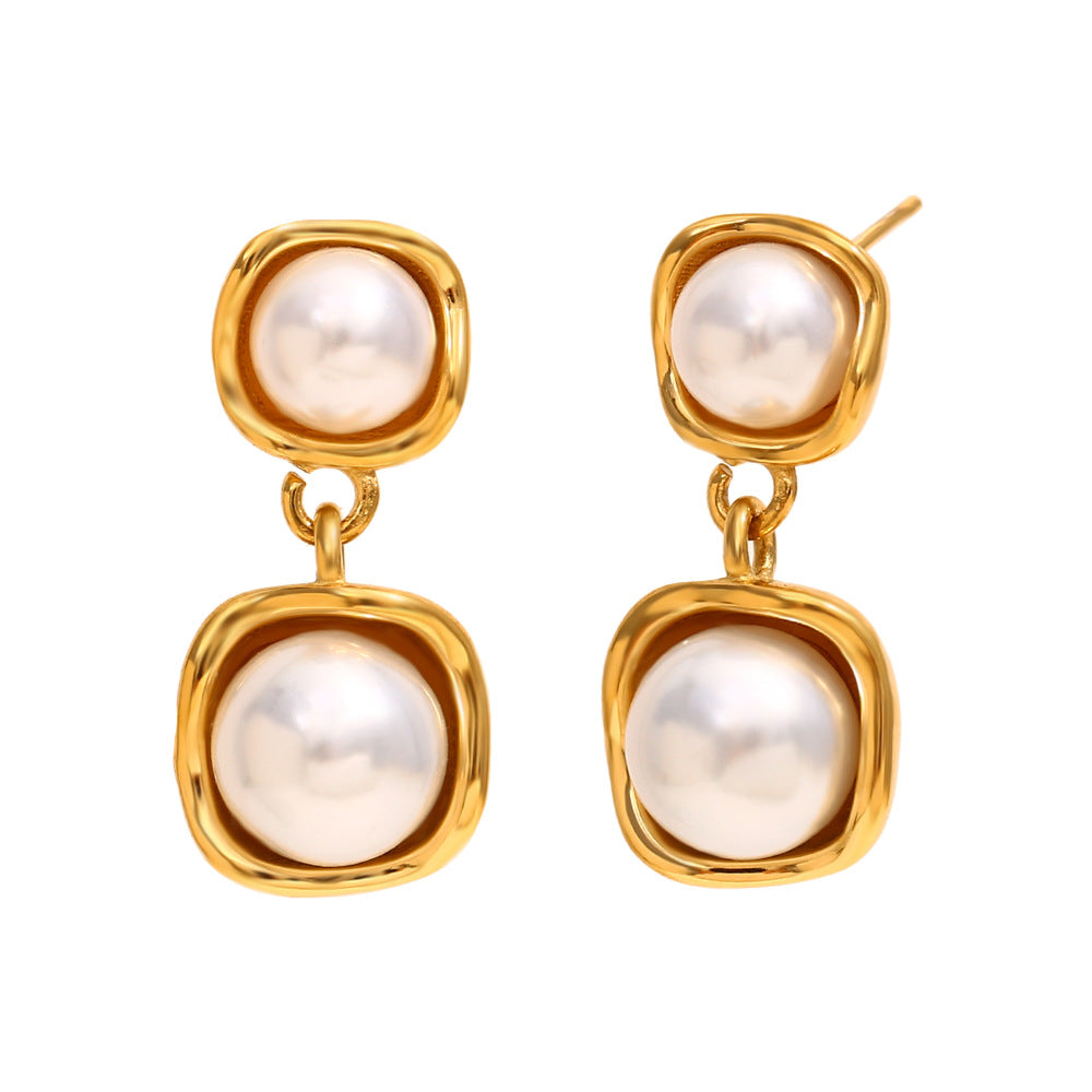 Minimalist Geometric Stainless Steel Earrings with 18K Gold Plating and Mixed-Size Pearls for Women