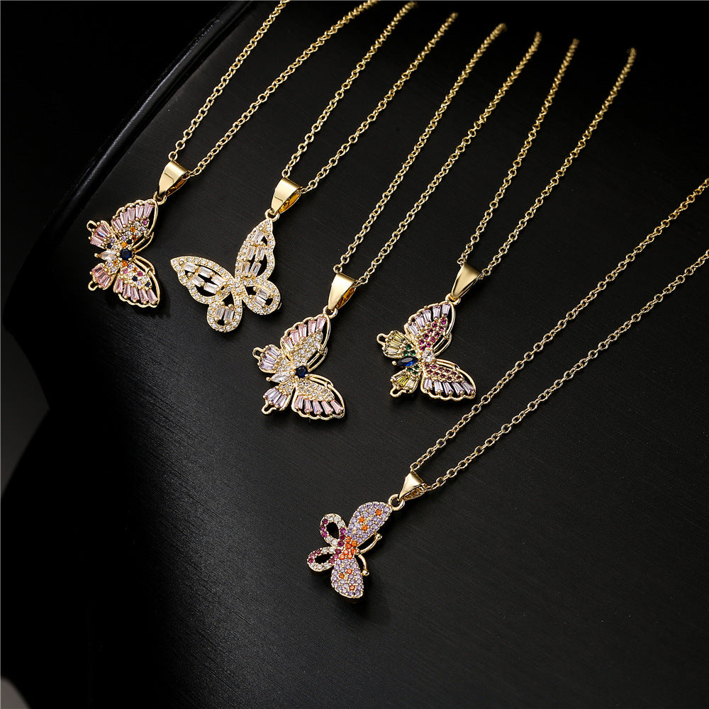 Elegant Gold Plated Brass Geometric Butterfly Necklace with Colorful Square Cubic Zirconia Inlay on Cable Chain