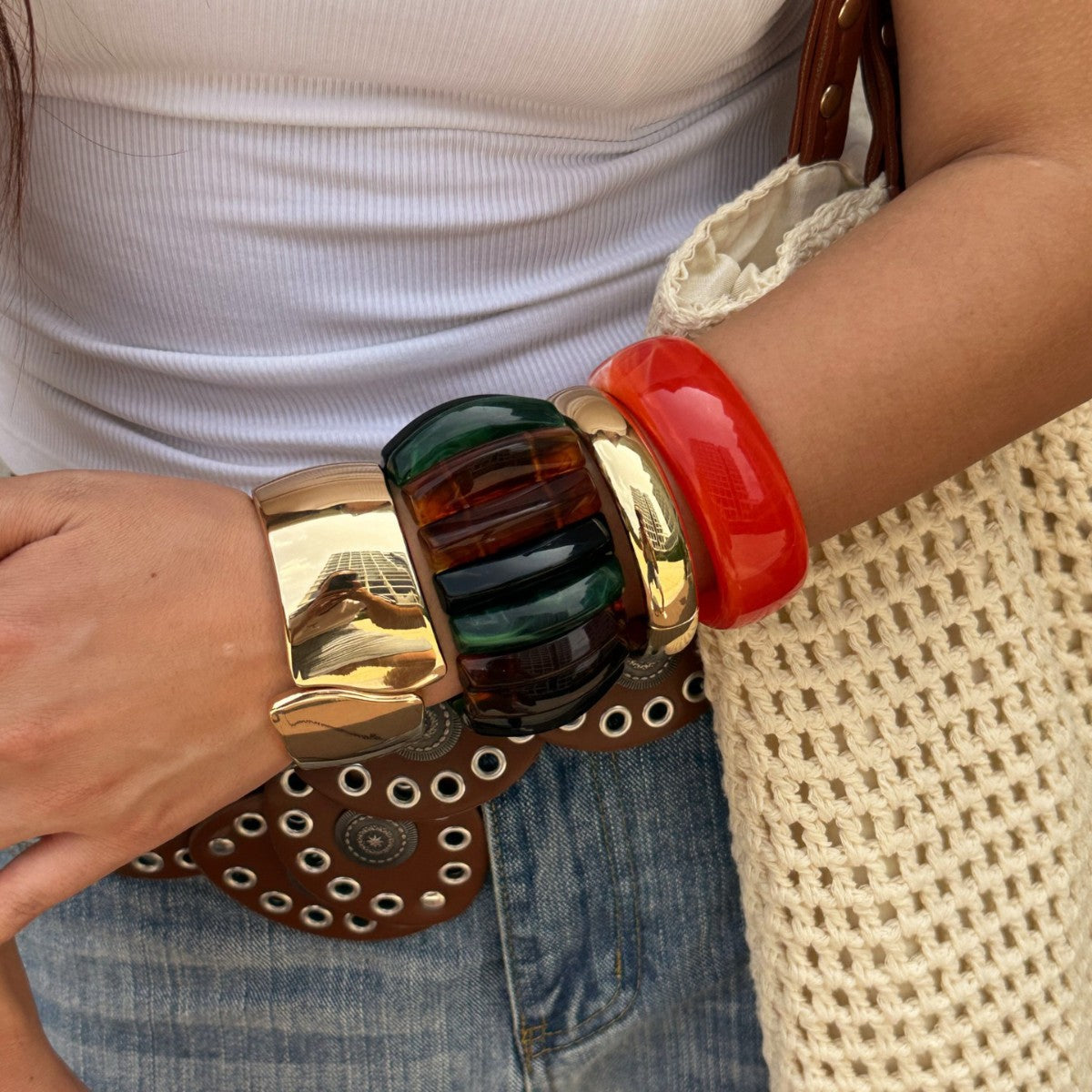 Vintage Geometric Alloy and Resin Plated Wide Cuff Bracelet