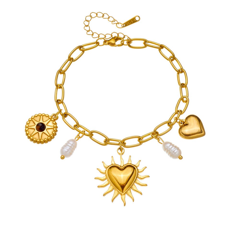 Vintage Floral Pearl Heart and Sunflower Pendant Bracelet in Gold-Plated Stainless Steel for Women