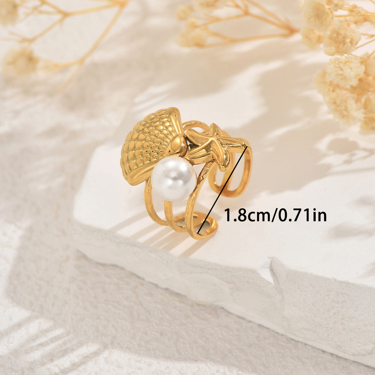 Anillo ajustable para mujer inspirado en el océano con perla e incrustaciones de concha en diseño geométrico de cobre Joyería de moda para uso diario