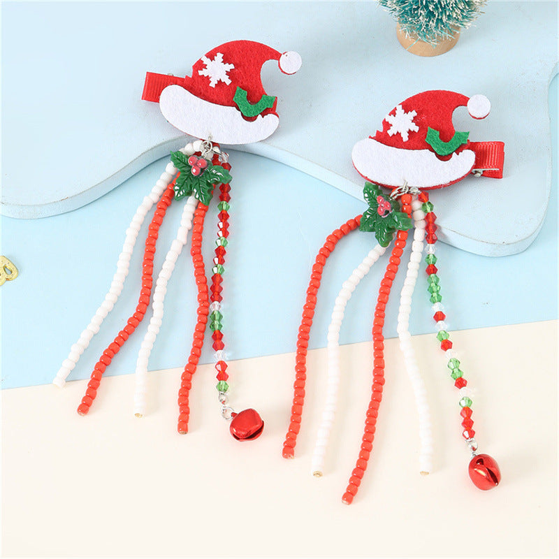 Fermaglio per capelli a forma di albero di Natale per bambini con nappe e perline di vetro in colore verde, stile festivo per le vacanze