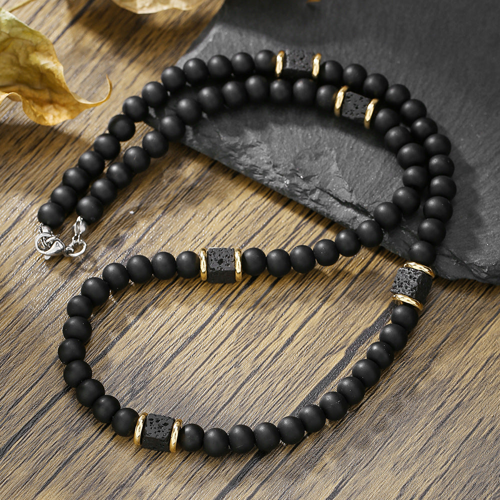 Hip-hop Minimalist Geometric Round Volcanic Stone Matte Beaded Necklace for Unisex