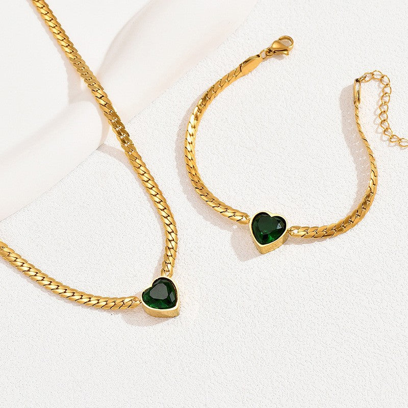 Set di collana e bracciale minimalisti a forma di cuore in rame con intarsio di strass per donna